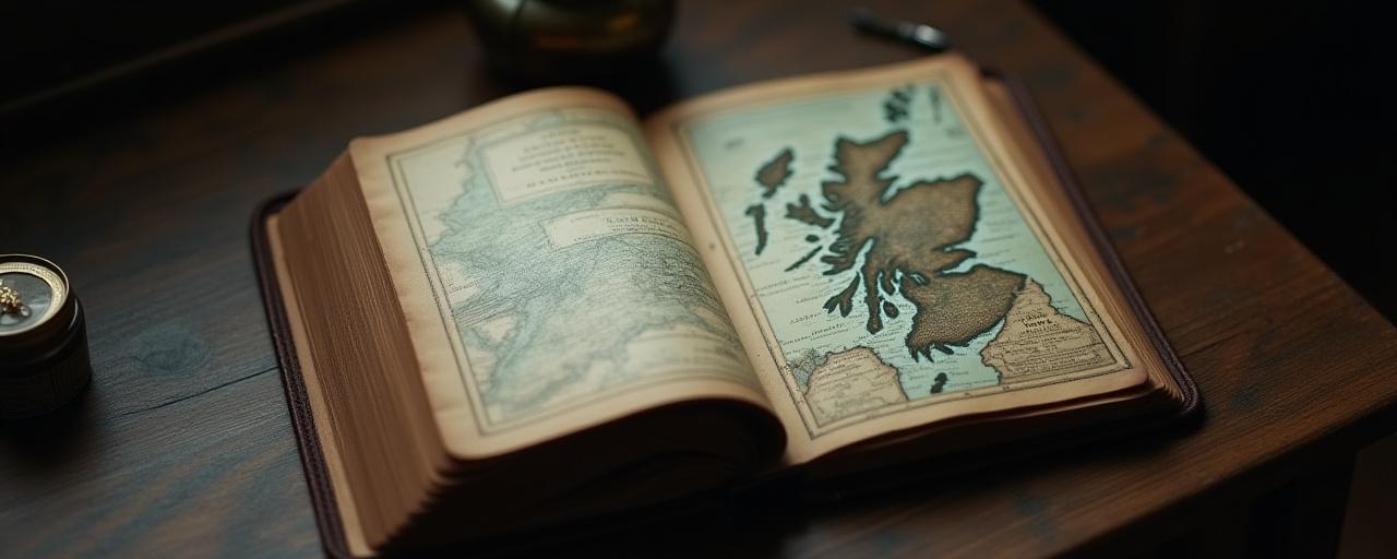 A leather-bound travel journal open on a rustic wooden table beside a vintage map of the Scottish Highlands