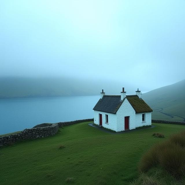 A view of a lonely white crofter's cottage on a verdant hillside overlooking a mist-covered sea loch in the Hebrides