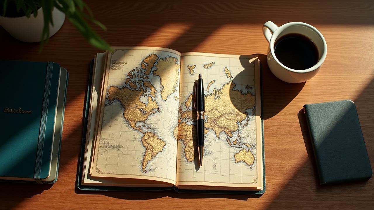 A minimalist desk setup featuring a leather-bound notebook, a fountain pen, and a vintage map, evoking a sense of thoughtful travel planning.