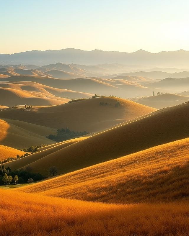 Golden rolling hills of Tuscany in the autumn mist, tranquil and harvested.