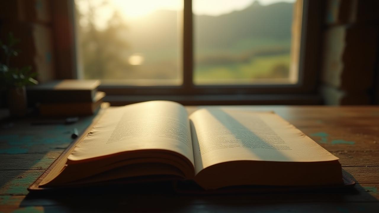 A weathered open journal on a wooden table overlooking a misty valley in the Cotswolds